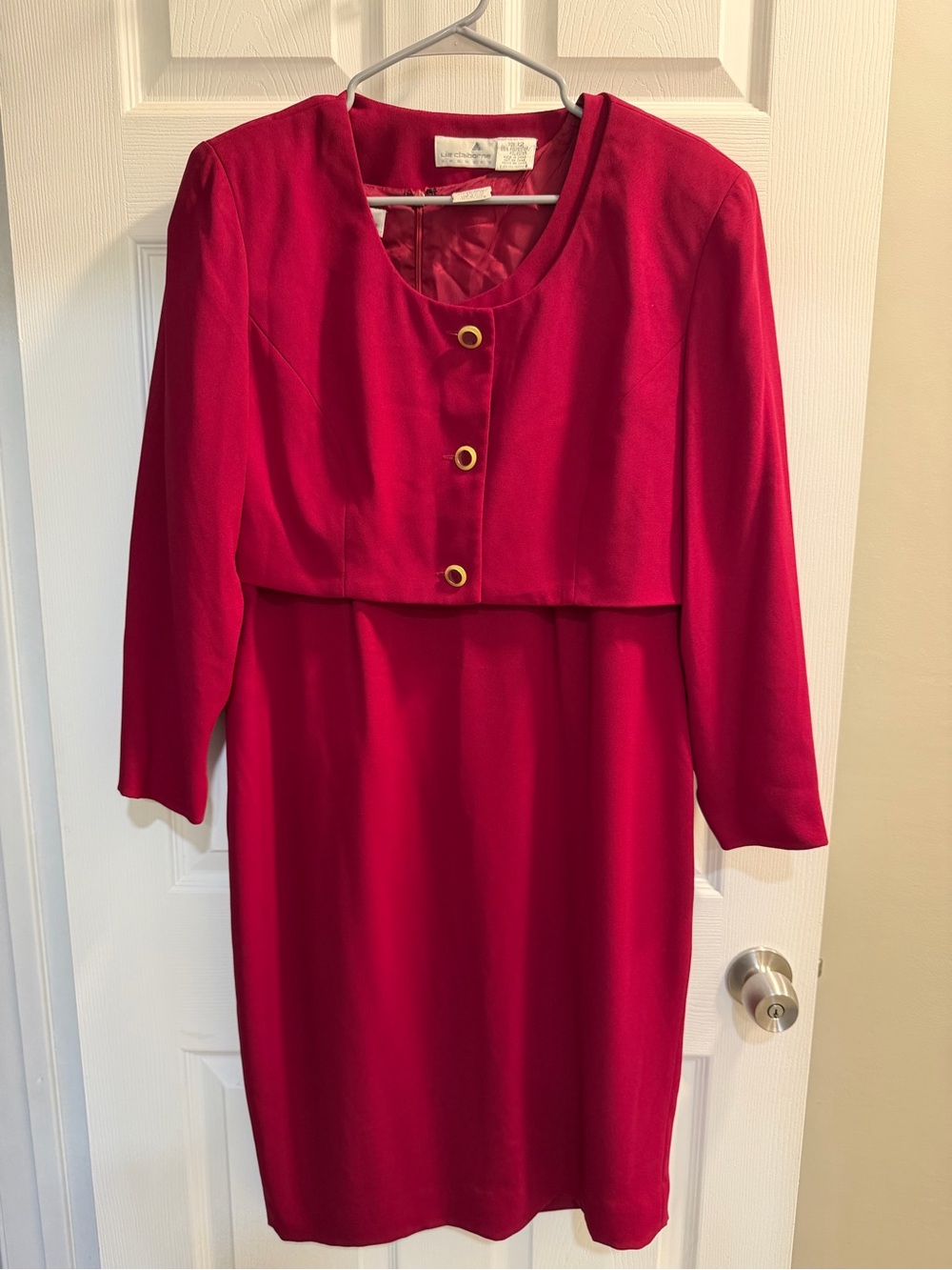 Liz Claiborne Vibrant Red Dress with Cropped Jacket and Gold Buttons
